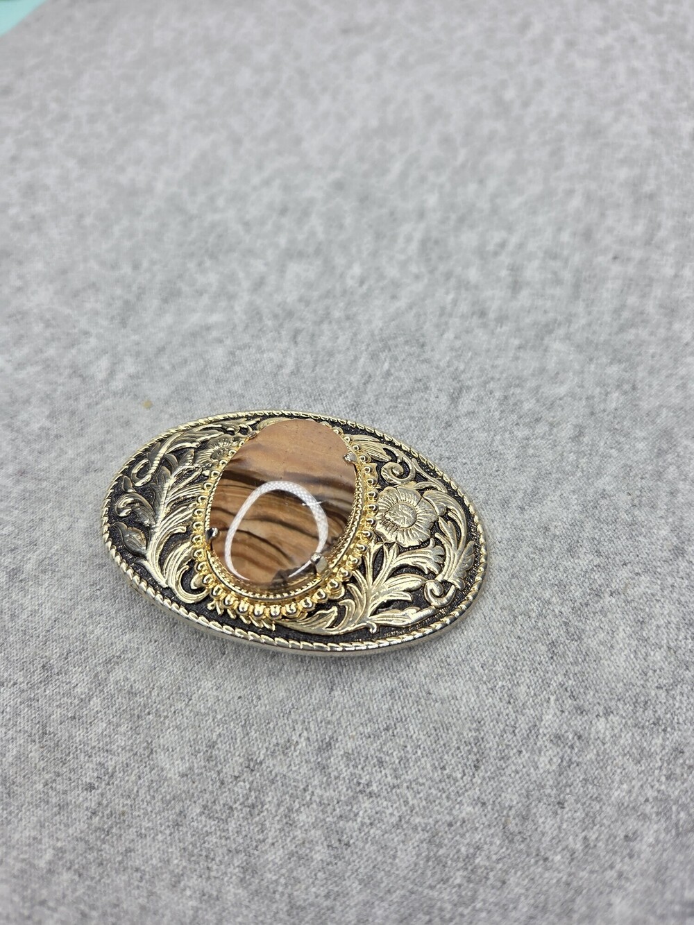 Vintage Jasper Agate Stone Belt Buckle Silver Gold Tone Western Oval Womens - Picture 3 of 9